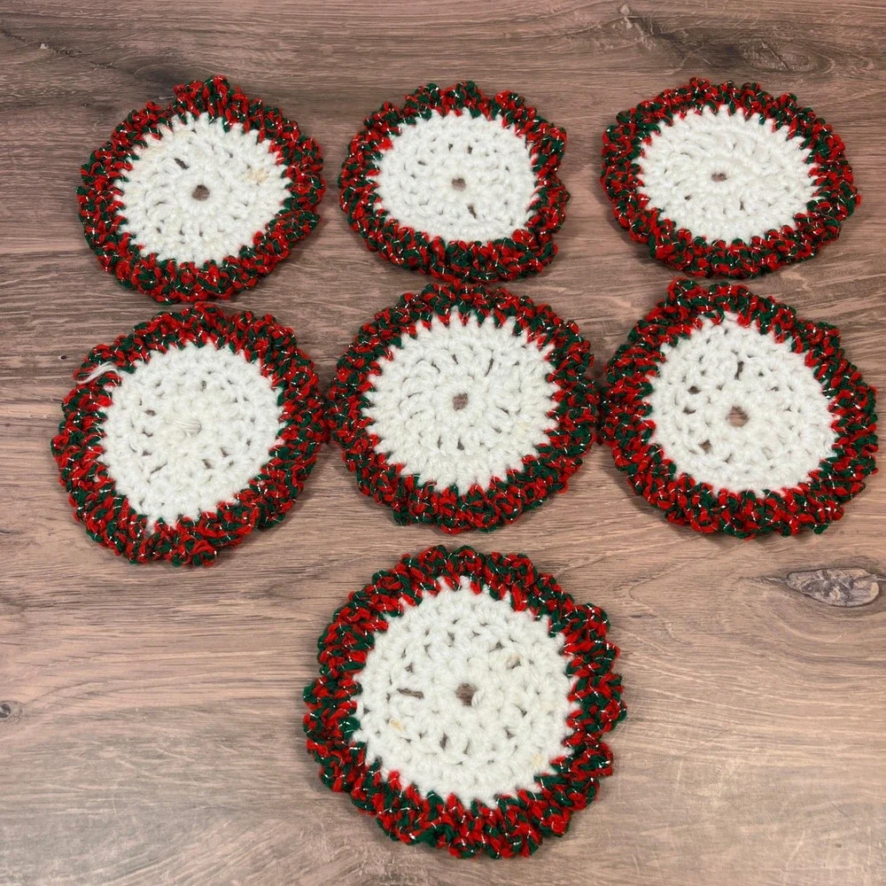 Handmade Crochet Knit Coasters‎ Red Green White Christmas Holidays Set of 7